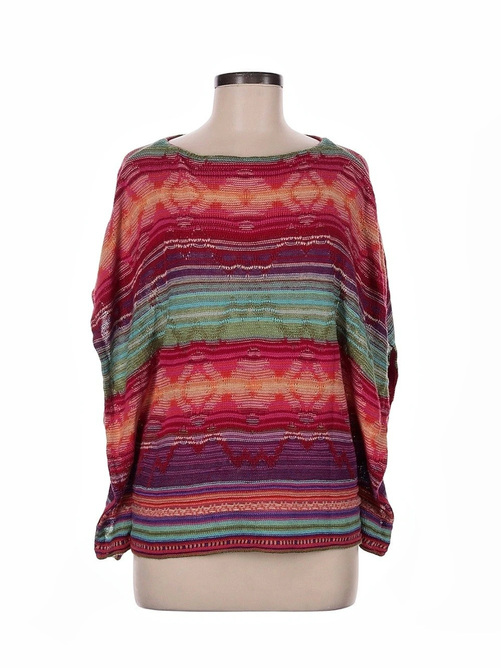 Lauren Ralph Lauren Colorful Knit Geo-Striped Cotton-Linen Pull Over Poncho M